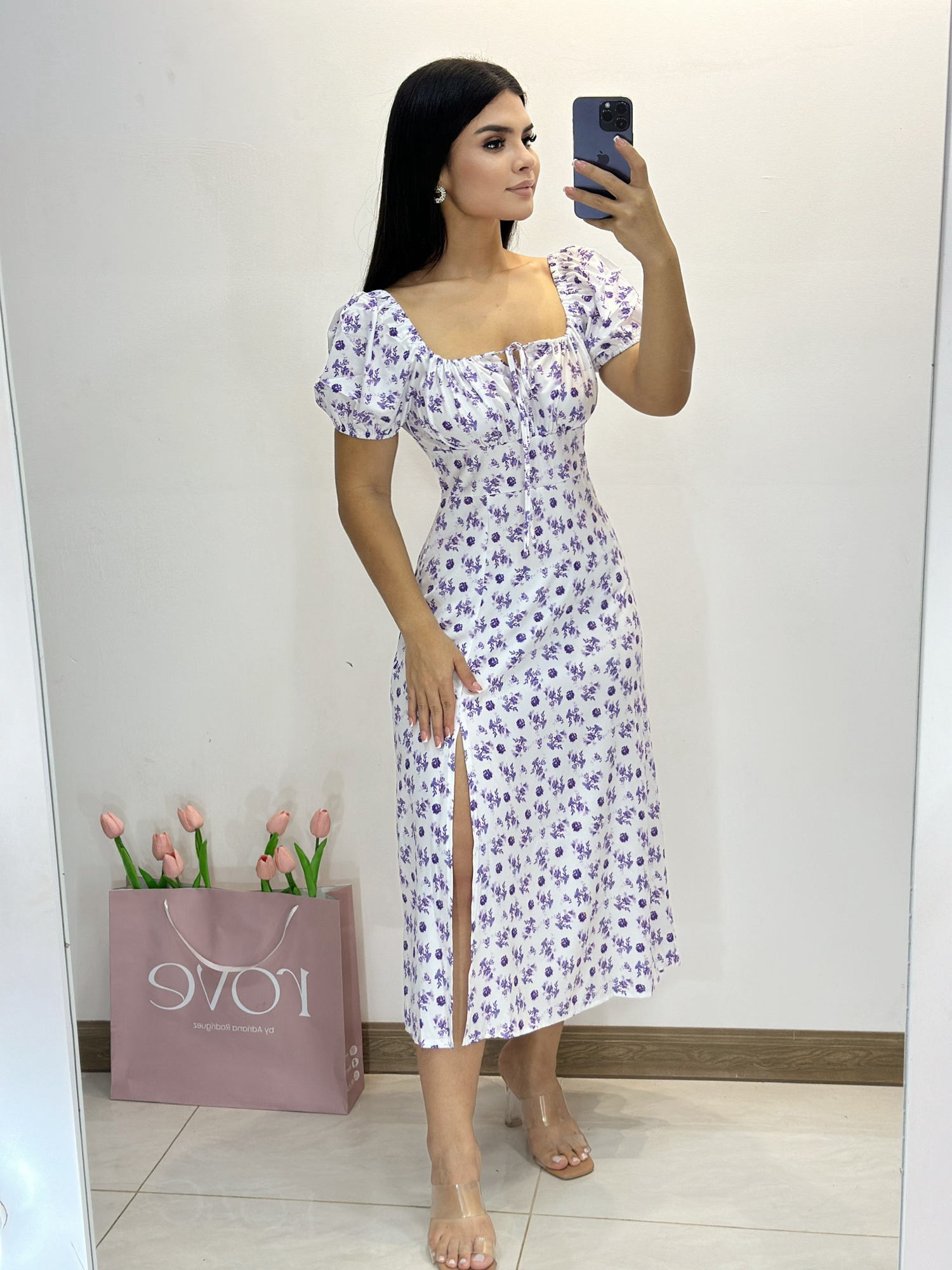 Vestido midi estampado florar - Blanco con lila